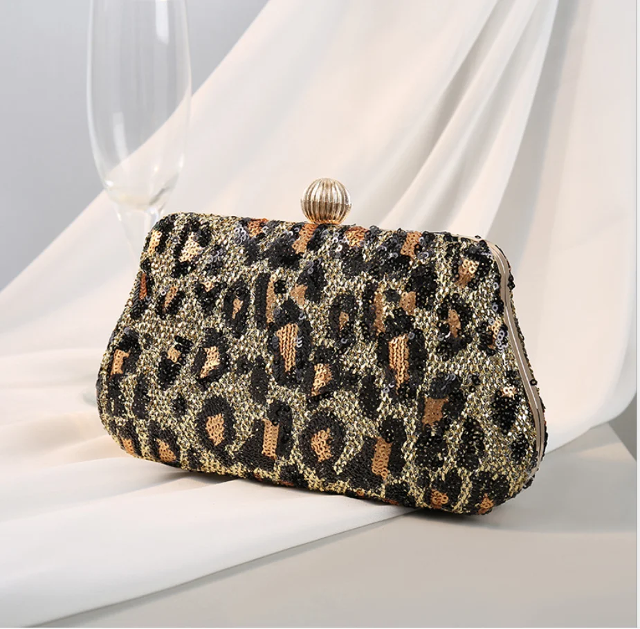 Luxy Moon Gold Leopard Print Clutch Bag With Chain Front View