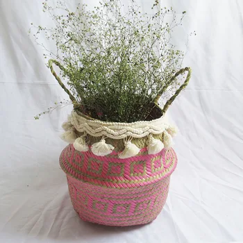 

Creative Yard Plant Flower Pots Household Laundry Basket Handmade Seagrass Storage Basket with Handle White Tassel