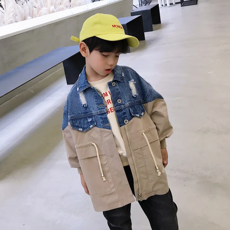 

Autumn 2019 Children's Coat Stitching Denim Long Coat Windbreaker Men's Baby Coat Children's Clothing Autumn Jacket for Boys