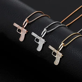 

S925 Sterling Silver Bling Ice Out Gun Pendants Necklaces for Women Men Hip Hop Fashion Charm Jewelry Drop Shipping