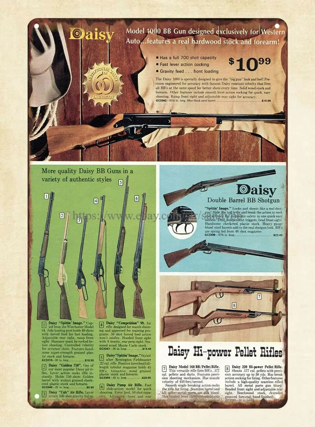 Daisy BB Gun Model 94 Winchester rifle 1962 metal tin sign vintage wall signs