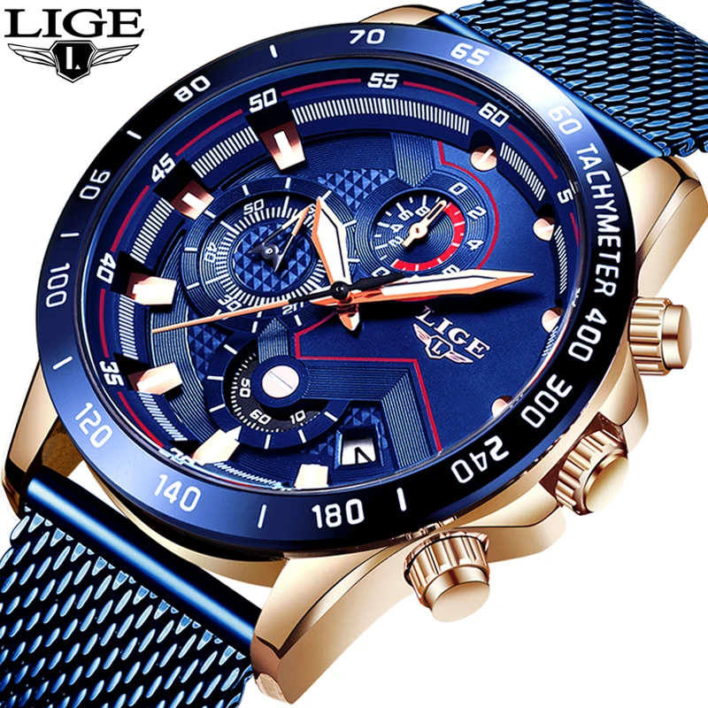 LIGE New Men Watch Luxury Brand Blue Mesh belt Wrist For Chronograph Army Military Quartz Watches Relogio Masculino | Наручные часы