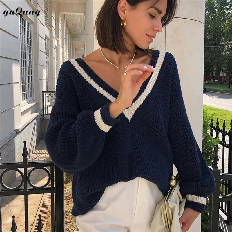 

Yuqung Women's Striped V-neck Knitted Sweater Long Sleeve Ladies Pullover Tops 2020 Autumn Winter Female Loose Jumper Knitwear