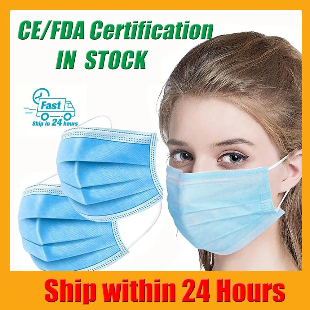 

50pcs Disposable Face Mouth Mask 3-layer Non Woven Masks Anti-Dust Flu Pm2.5 Meltblown Cloth Breathing Masks Earloops Masks