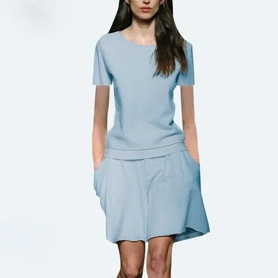 Fashionable Women Two-piece Sets New Arrival Elegant Lady Solid Color O-Neck Tops+ Casual Shorts C2096