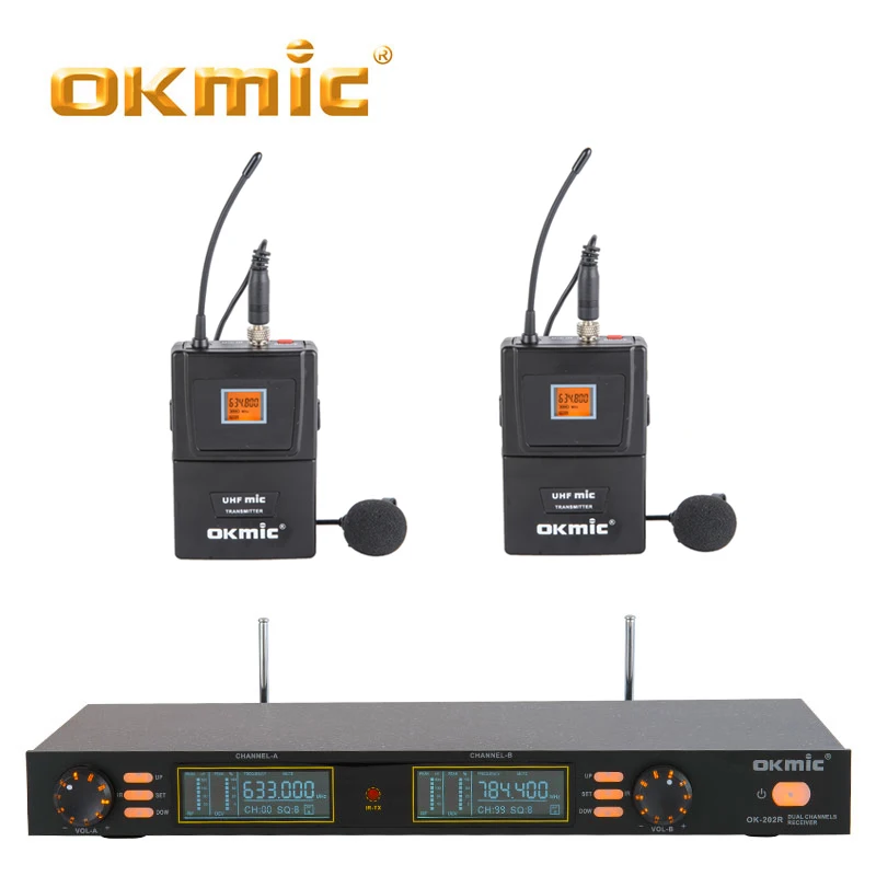 OKMIC 202R 202B двойная поясная подвеска с отворотом набор с микрофоном, передатчиком для выступлений частоты динамический 2 канала беспроводной микрофон для караоке системы