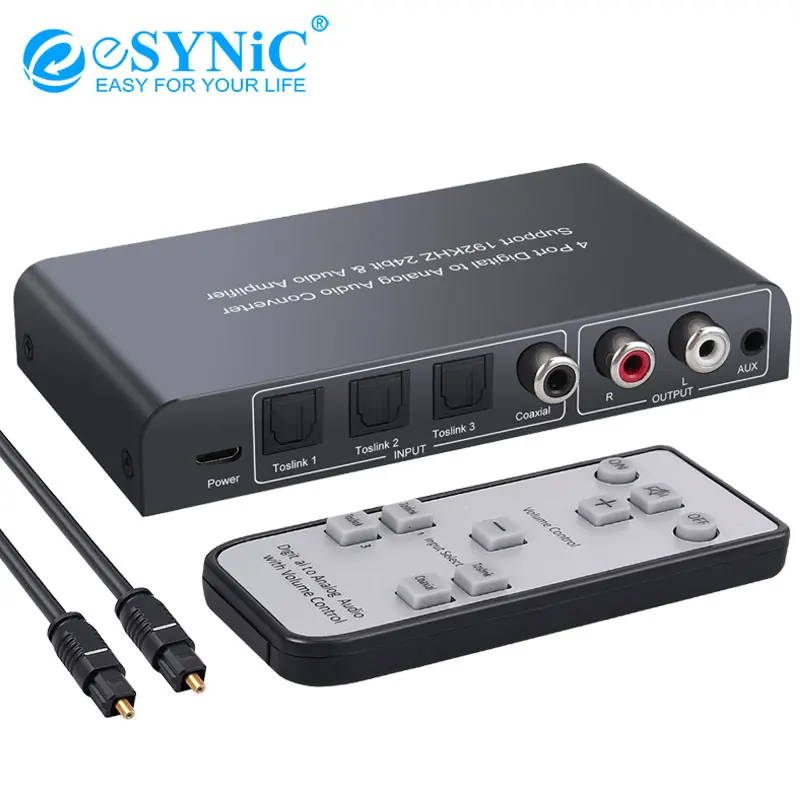 

eSYNiC Digital to Analog Audio Converter 3 Optical SPDIF Toslink + 1 Coaxial Switcher 192kHz DAC with IR Remote Volume Control