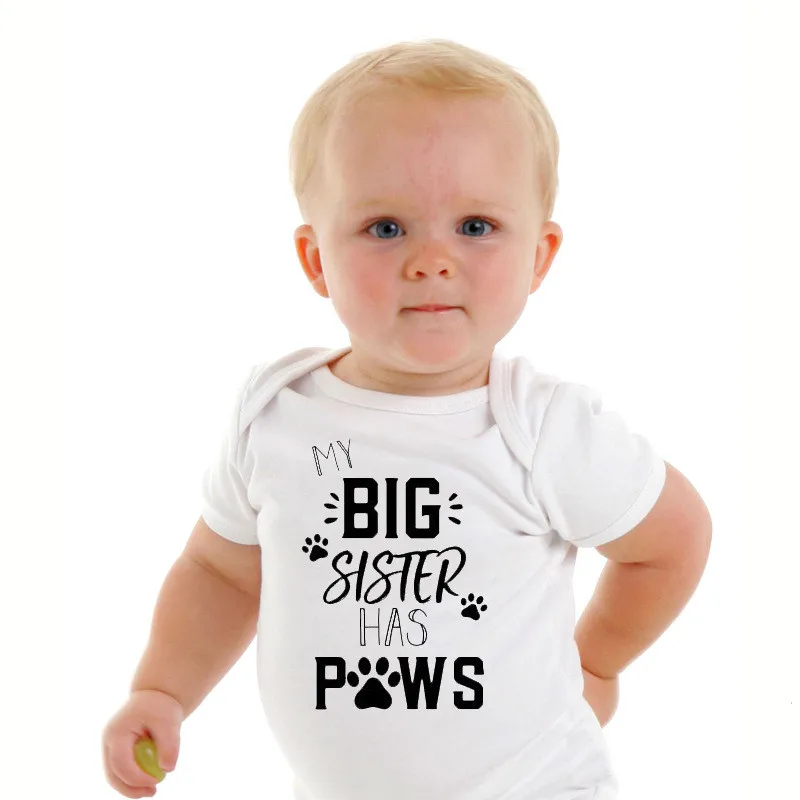 Милый Летний Детский комбинезон с надписью «My Big Sister Has Paws», для новорожденных, с короткими рукавами, для маленьких мальчиков и девочек, Экипировка Одежда комбинезон для детей от 0 до 18 месяцев