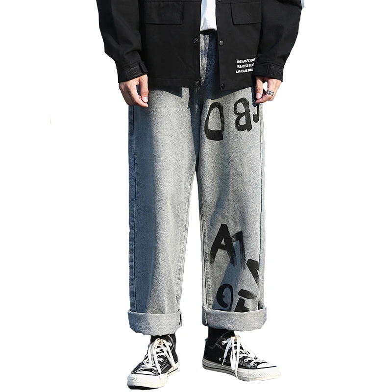 

2019 New Man Straight Jeans Men printed Letter Graffiti Paint loose Wide-legged Denim Pant Hip Hop Male streetwear Comfortable