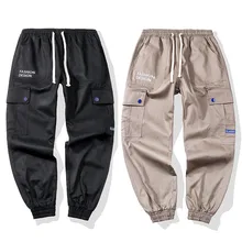 Свободные брюки-карго, мужские летние однотонные повседневные брюки, мужские уличные Брюки с карманами, длинные брюки с завязками, pantalones hombre