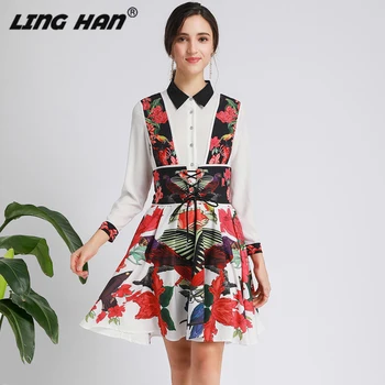 

LINGHAN Elegant Flower Bird Print Dress Fashion Turn-down Collar Midi dresses Autumn Designer New