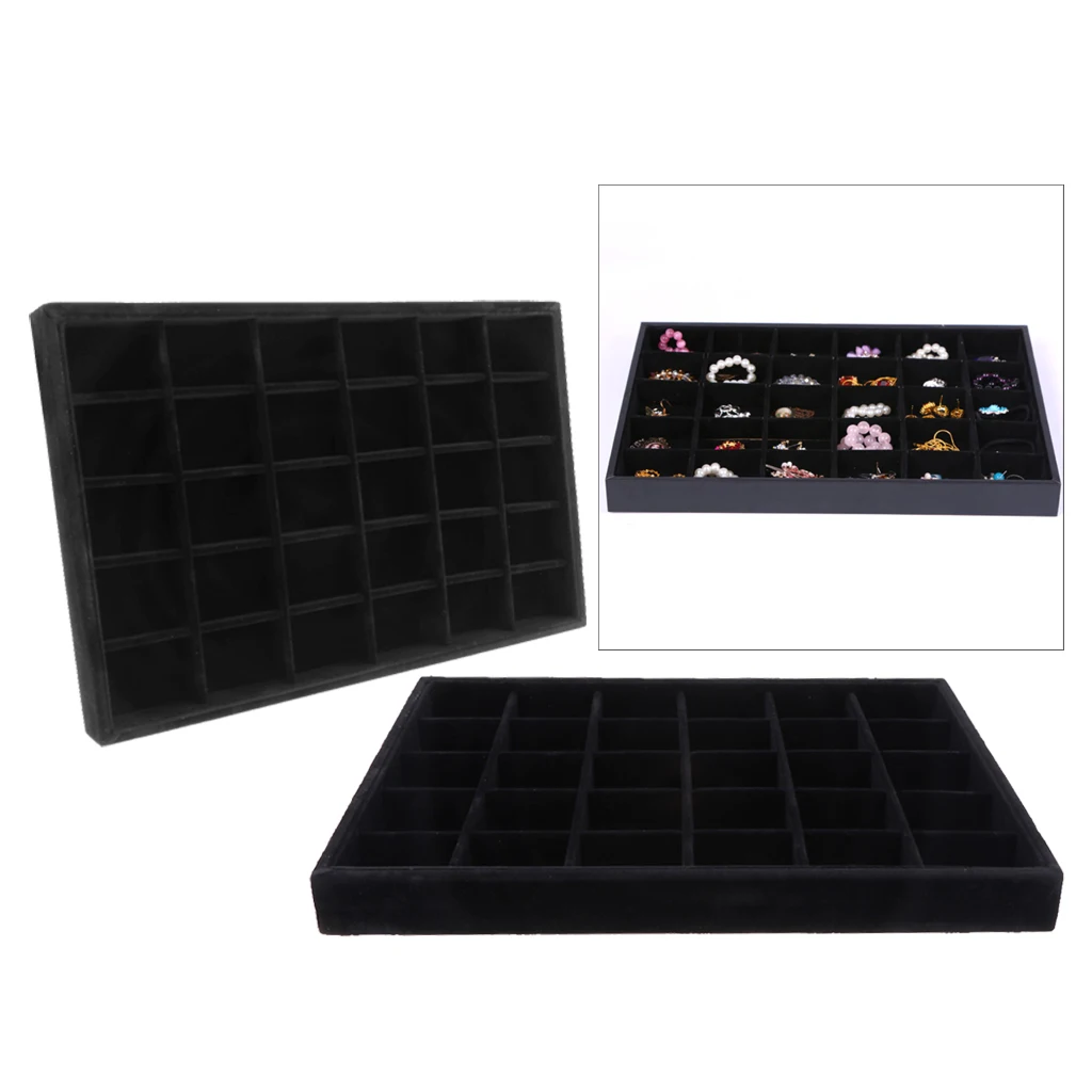 2Pcs Velvet Bracelet Bangle Watch Jewelry Display Stand Tray Black Velvet, large storage capacity, 35*24*3cm