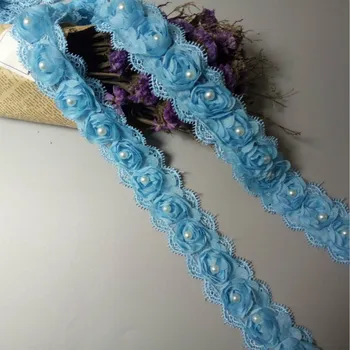

1 Yard Blue Pearl Chiffon Flower Embroidered Lace Edge Trim Ribbon Floral Applique Fabric Handmade Wedding Dress Sewing Craft