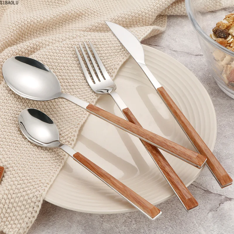 4pcs Stainless Steel Tableware Set Wood Handle Dinnerware Knife Fork