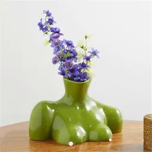 Breast Vase Olive Shiny Woman Half-length Human Body Ceramic Sculpture Flower Pot Flower Arrangement Container Nude Female Vase