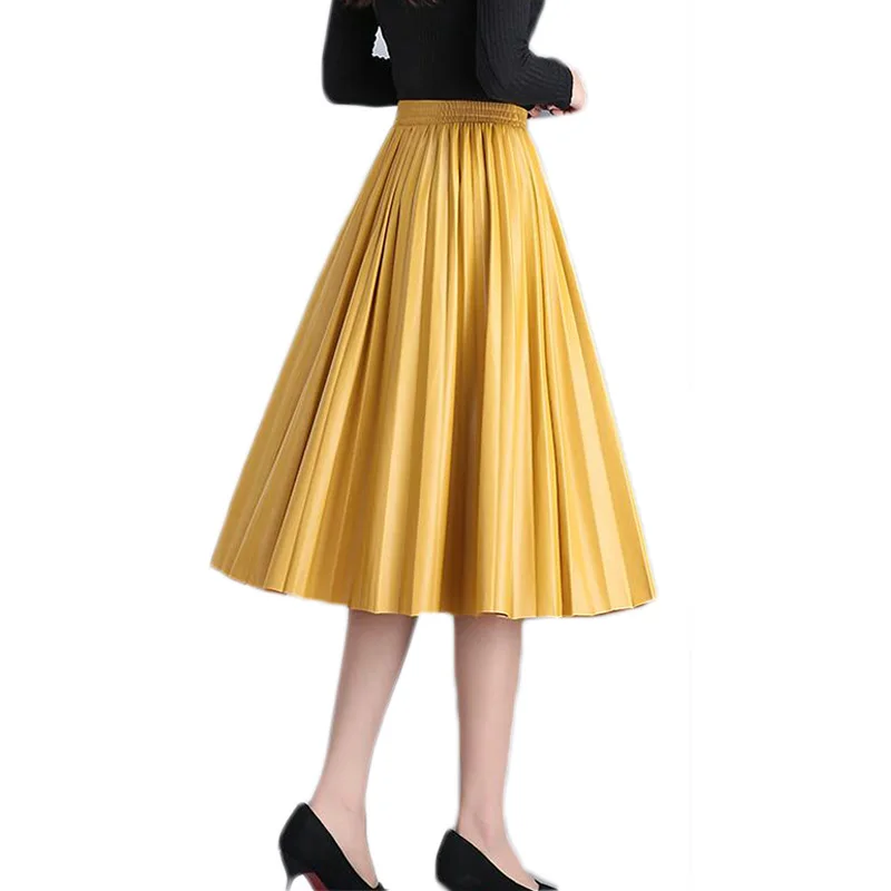 

Fashion High Waist Pleated Pu Faux Leather Skirt Women Autumn Winter Elegant Midi Long Skirts Female Yellow Green Leather Skirt