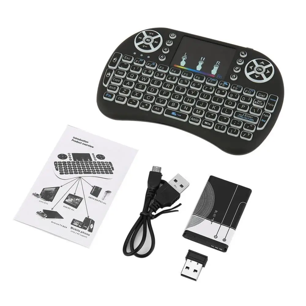 

2.4GHz Mini Wireless Remote Keyboard with Touchpad Mouse for Android TV Box Colourful LED Backlight Rechargable Li-ion Battery