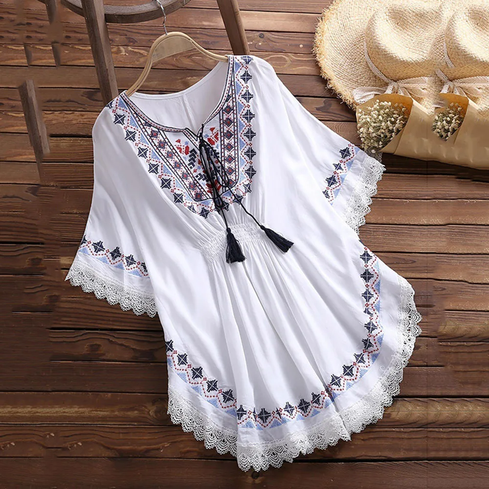 Boho Chic Этническая Вышивка Блузка женская белая рубашка Женская Туника рубашки весна лето блузка с бахромой модные черные пляжные Топы