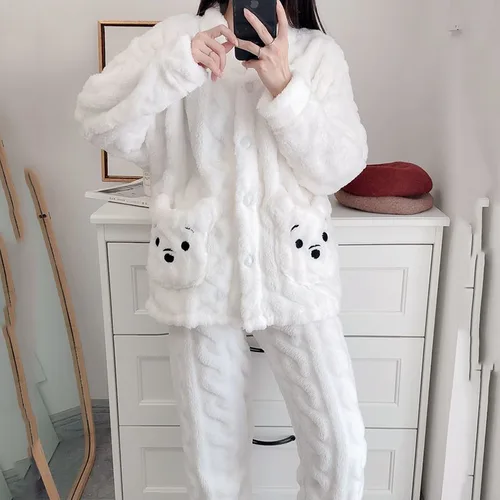 여성용 플란넬 잠옷 복장, 따뜻한 가을 겨울 가정복, V넥 카디건 바지, 투피스 잠옷, 80kg, 신상 3