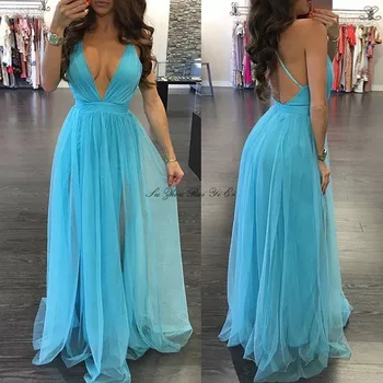 

Sexy Deep V-neck Prom Dresses 2020 Soft Tulle Evening Dress With Side Split A-line Plus Size Long Party Gown Vestidos De Gala