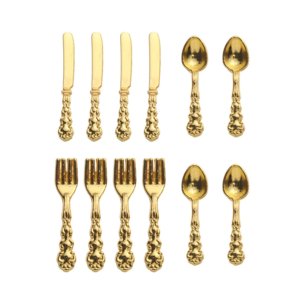 12Pcs 1:12 Mini Vintage Dollhouse Miniatures Tableware Gold Silver Metal Cutlery Knife Fork Spoon Kitchen Food Furniture Toys kitchen toys pretend kitchen toys doll house toys dollhouse furniture set