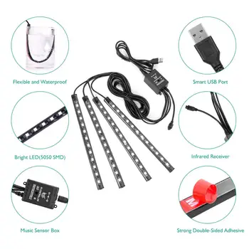 

LED Strip car Lights, 4pcs 48 USB LED Interior Lights, MultiColor Music Strip Light Under Dash Lighting Kit with Sound jk942