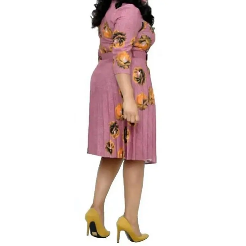 Large Size Floral Printed Belt Midi Dress Office Lady Standard-Waist Casual Pleated Dress Vintage Elegant Retro Chic OL Vestido