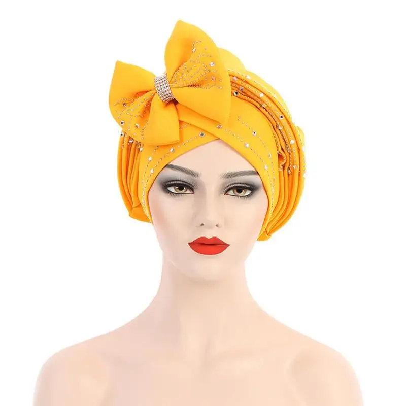 african pants New Fashion African Headtie Diamond Wedding Party Auto Turban Muslim Yellow Ready Tie Bow Caps Hijab Wear Instand Headscarf Y0s3 african gowns