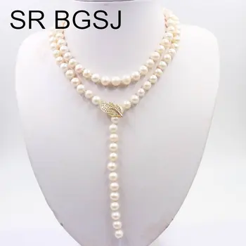 

Free Shipping SR 8-9mm 35inch Natural Freshwater Pearl Beads Knot Strand Leaf Clasp Women Long Necklace 35inch