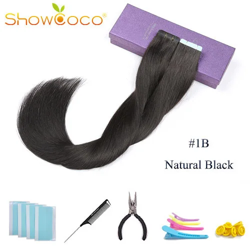 Color1B -40 Pcs ShowCoco лента в Пряди человеческих волос для наращивания натурального волос 20/40 шт, смешанные цвета, Цвет горячие головы для наращивания блеск коричневого до блондинка ленточных накопителей - Цвет: Color1B -40 Pcs