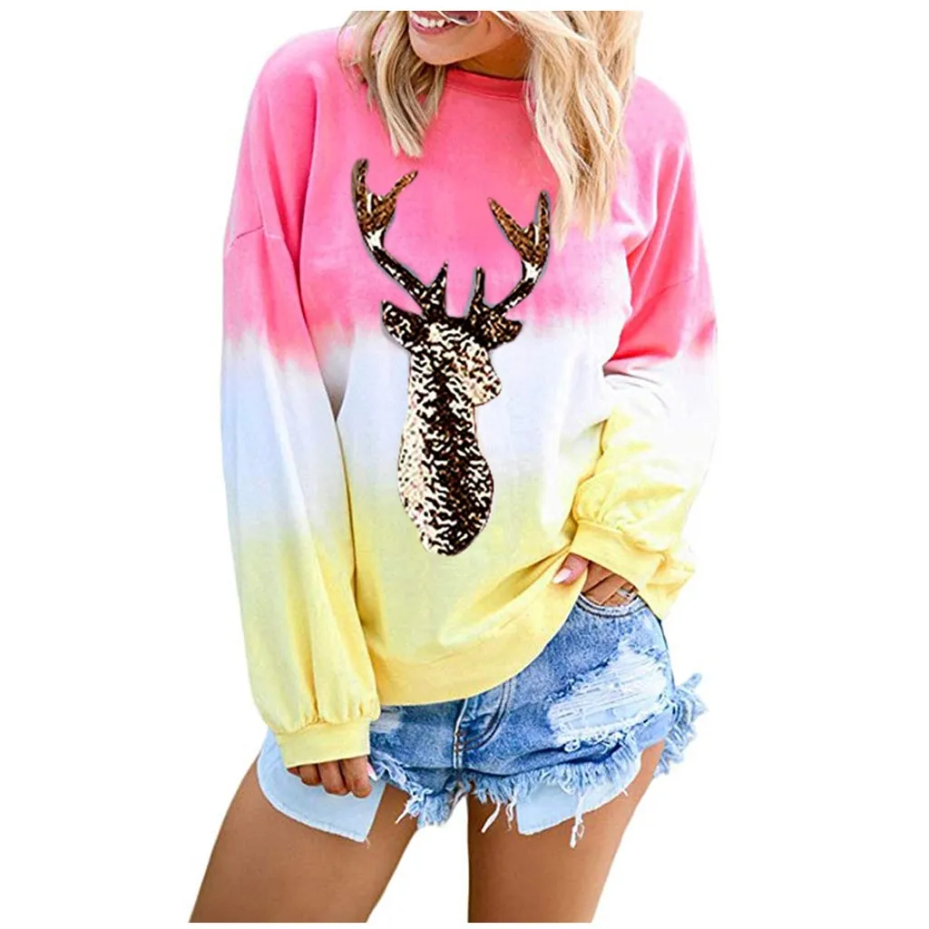 Poleras mujer de moda camiseta mujer футболка Женская толстовка с длинным рукавом цветной Галстук окрашенный принт с рождественским лосем пуловер - Цвет: Pink