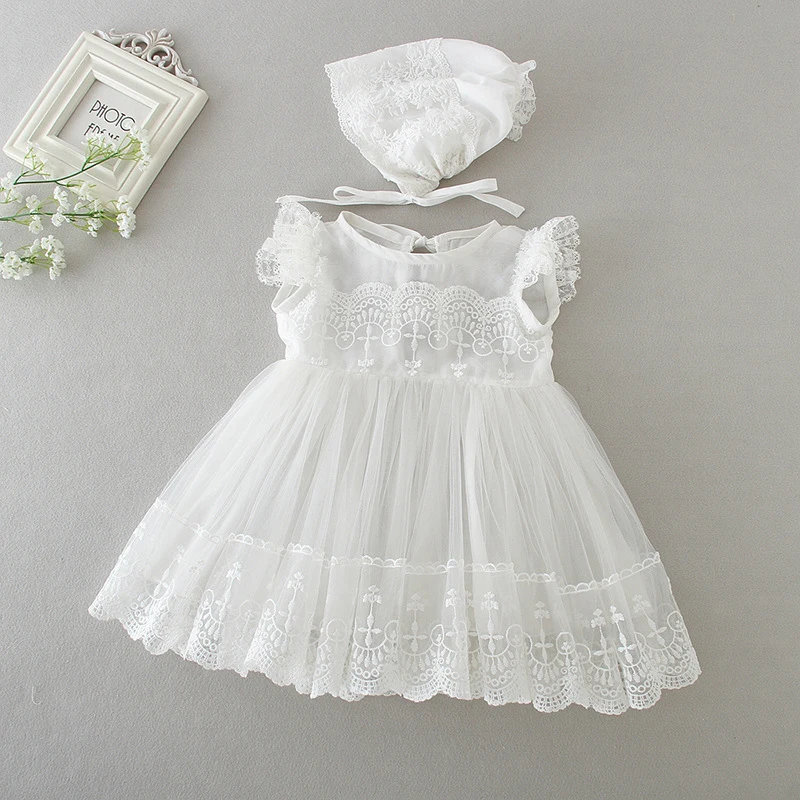 

Baby Baptism Dress with Bonnet Hat Ruffle Sleeve Soft Cotton Lace Frock Baby Girl First Birthday Dress Christening Baptism Set