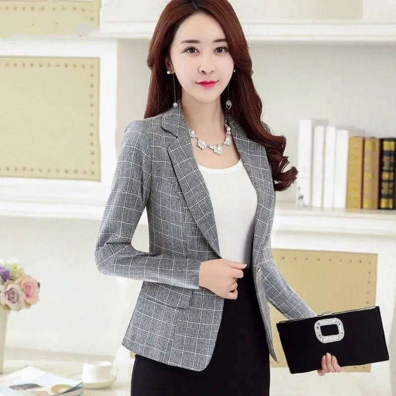Elegant OL Blazers Women's Check Coat Jackets Pockets Casaul Long Sleeve Overcoats Female Single Button Outwears Oversized