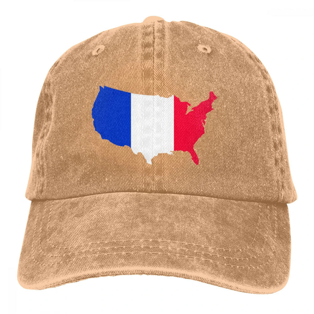 French American Map Flag Casquette Black Unisex Mens Womens Denim Strapback Baseball Cap Adjustable Golf Dad hat - Color: Khaki