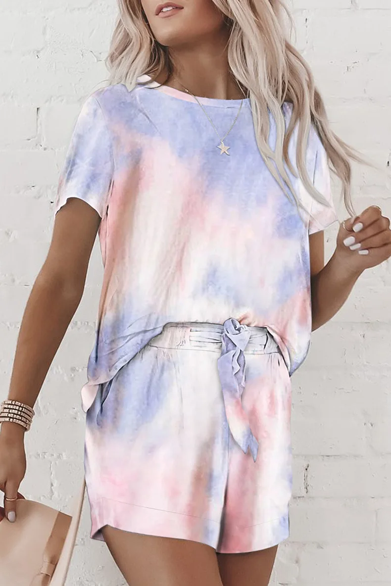 Women Casual Loose Tie Dye Colorful Clothing Sets Lady Short Sleeve Pullover Crew Neck Top +  High Waist Drawstring Shorts loungewear sets