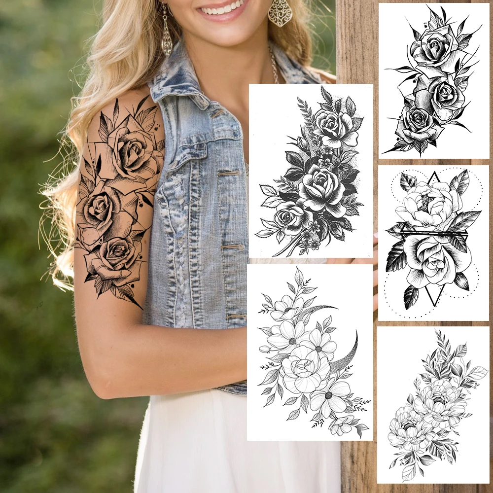 

Beatuiful Flower Temporary Tattoos Realistic Fake Black Rose Poney Waterproof Tatoo For Women Fashion Body Art Arm Tatoo Sticker