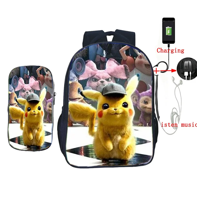 Рюкзак Pokemon Detective Pikachu с USB зарядкой, школьные рюкзаки для подростков, мальчиков и девочек, Mochila, детский дорожный рюкзак с пеналом - Цвет: 7