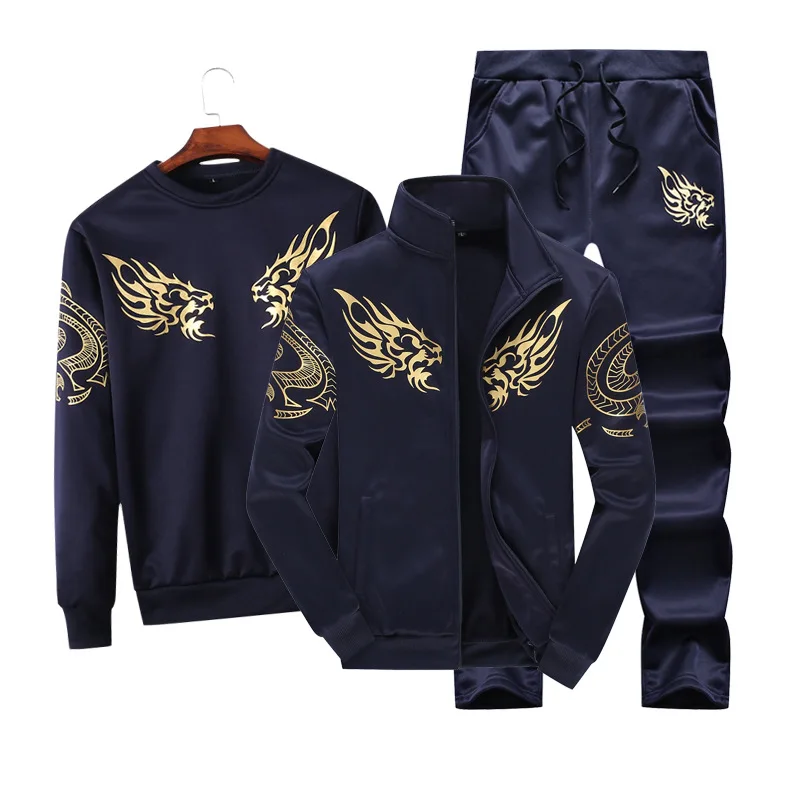 TZ205 Navy 3PCS Спортивный костюм из 3 предметов, мужские спортивные комплекты, для бега, Homme, повседневный спортивный костюм, брендовая куртка на молнии с принтом, толстовка, штаны для мужчин, для бега - Цвет: TZ205 Navy 3PCS