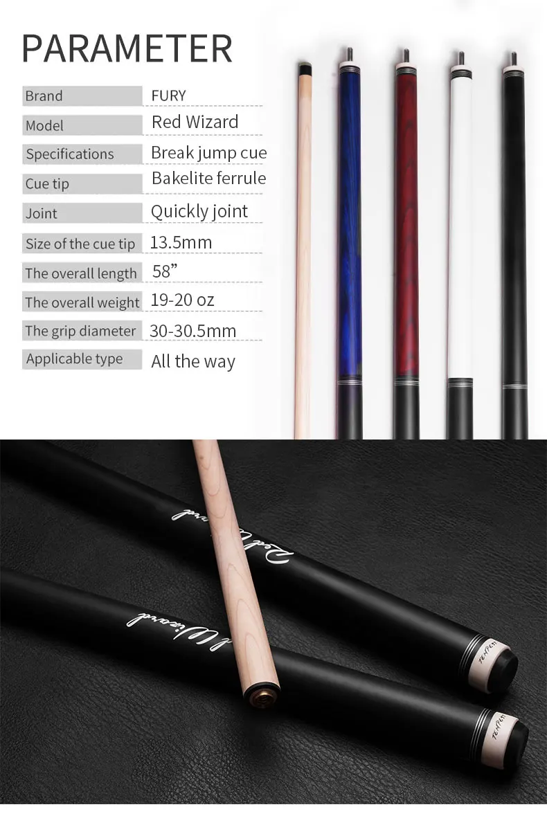 Fury Wizard Punch Pool Cue Break Jump Cue Billiard Stick Maple Shaft Professional Taco De Billar Uni-Lock Joint 4 Colour Butt