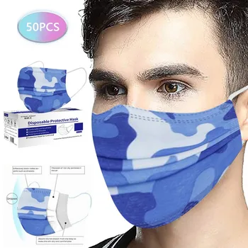 

50Pcs Disposable Face Mask Camouflage Print Non-Woven 3 Layer Face Masks For Germ Protection For Adults Mascarillas Flag Bandana