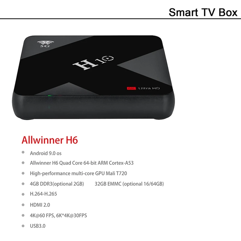  New H10 Android 9.0 Smart Tv Box 4Gb 64Gb Allwinner H6 Quad Core 6K Set Top Box Dual Wifi 2.4G/5G U