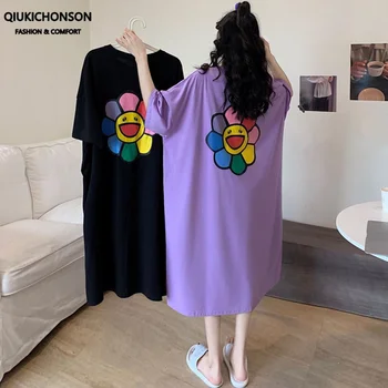 

Plus Size Sleepwear Women Kawaii Rainbow Flower Print Summer Dresses Casual Loose Long Nightgown Nightdress