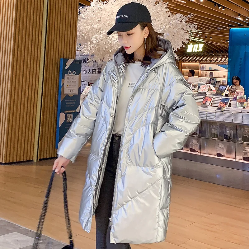 

Women's Down Jacket Long Loose Oversize Korea Style Ladies Fashion Outwear New White Duck Coat for Winter with Hood Blue/Silver