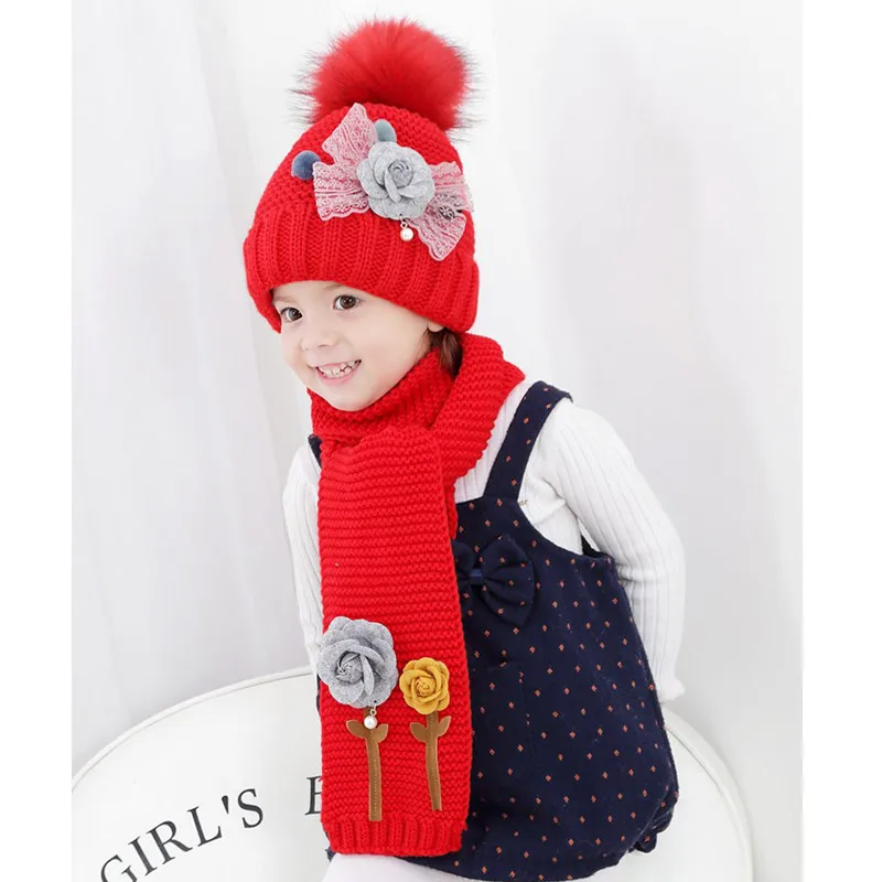 Детский милый шарф с цветами, шапка, комплект для девочек, мягкая утолщенная шапка с помпоном, шарф, комплект для детей, зимний шарф, шапка, комплект из 2 предметов