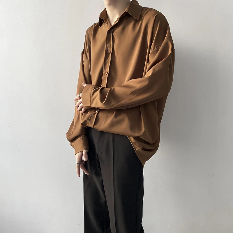 

Elegant Brown Korean Fashion Men Oversized Cotton Shirts Loose Autumn 2021 For Mens Stylish Casual Blouse Gentlemen Work Black