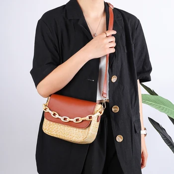 

Fashion Exquisite Shopping Bag Casual Women Woven Straw Shoulder Bag Leather Splicing Beach Messenger Handbag