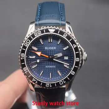 

Sapphire Bliger 41mm blue dial luminous marks black ceramic bezel leather strap GMT function automatic movement men's wristwatch