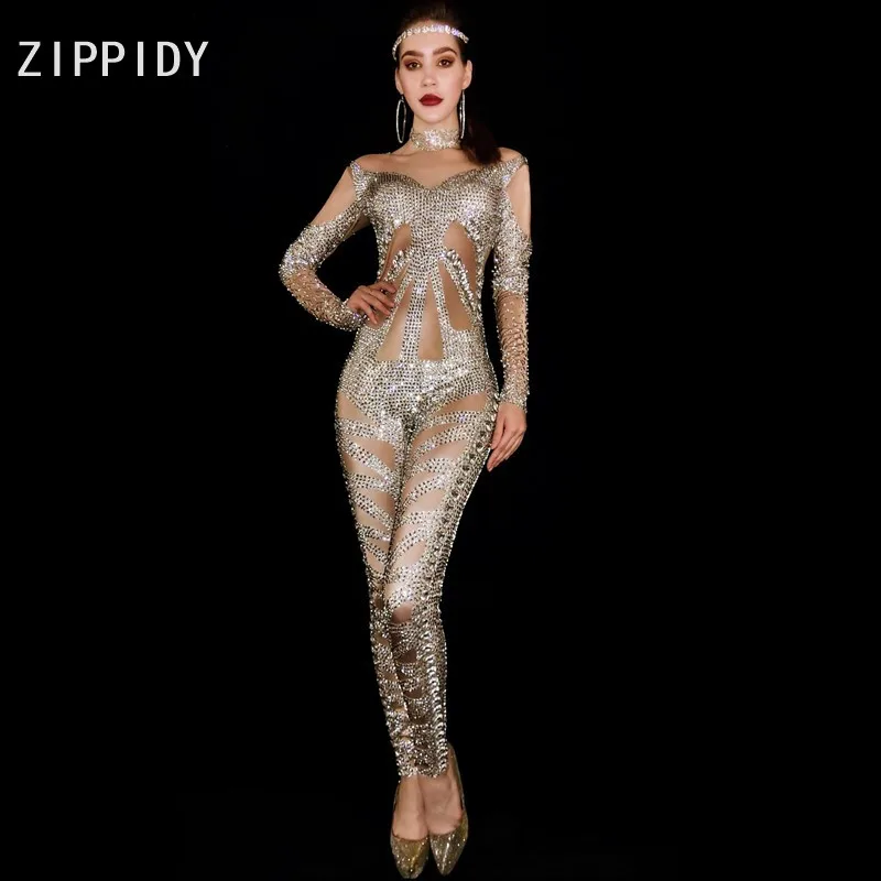 

Silver Rhinestones Spandex Jumpsuit Birthday Celebrate Long Sleeves Bar Outfit Women Singer Dance Leggings Outfit