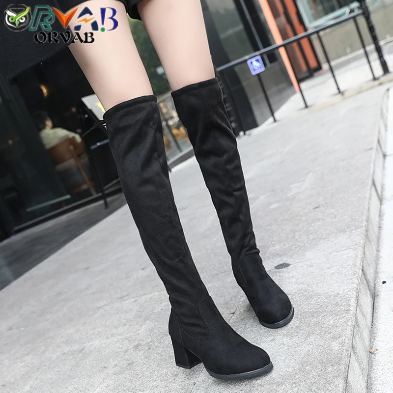 

Thigh High Boots Shoes Women Lace-Up Flock Slim Boots Warm Winter Boots Women Fashion Platform High Heel Over The Knee Boots