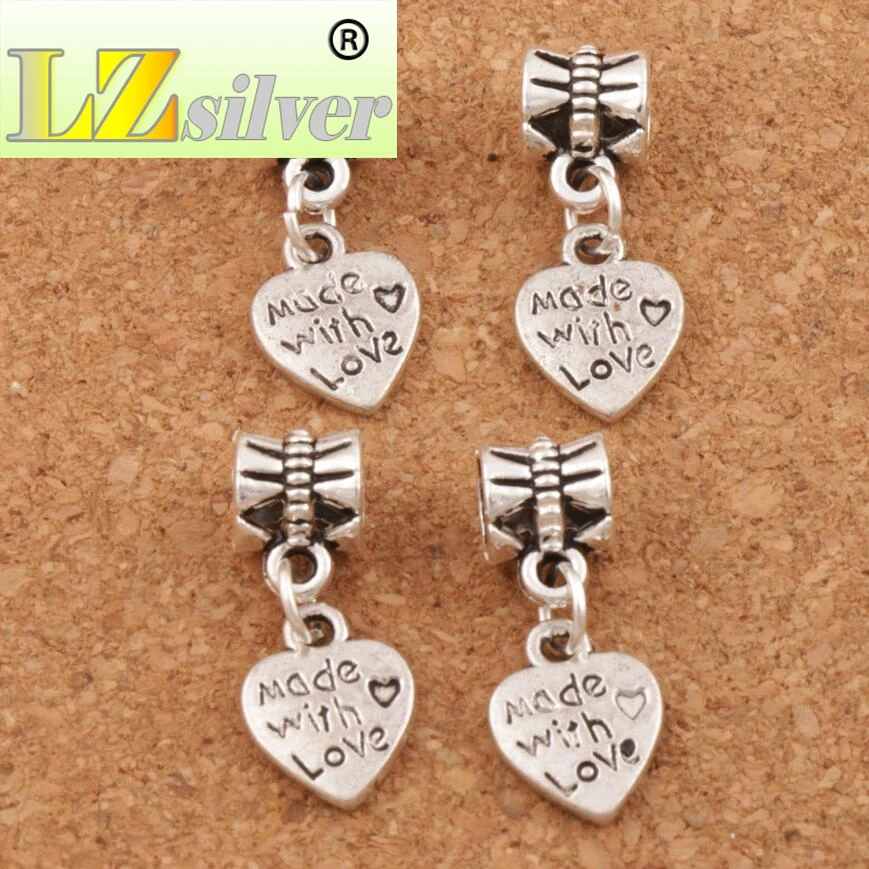 Made With Love Heart Big Hole Beads 9.8x23.5mm 100pcs Zinc Alloy Bronze Fit European Charm Bracelets Jewelry DIY B319